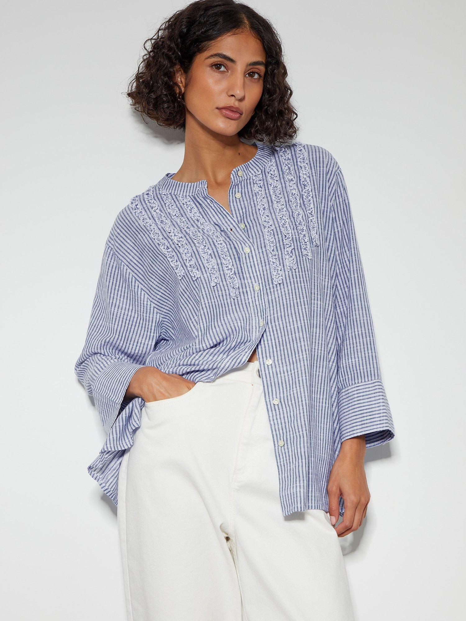 Monsoon Laura Stripe Ruffle Shirt, Blue/Multi