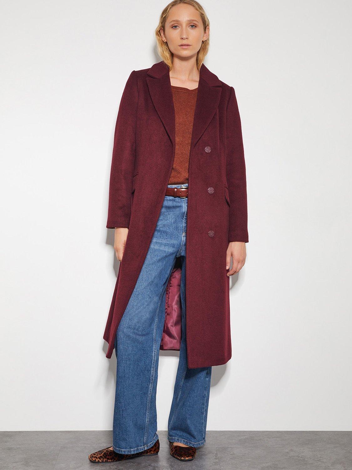 Product image 1 of 5, which shows Monsoon Arabella A-Line Coat, Burgundy, 16