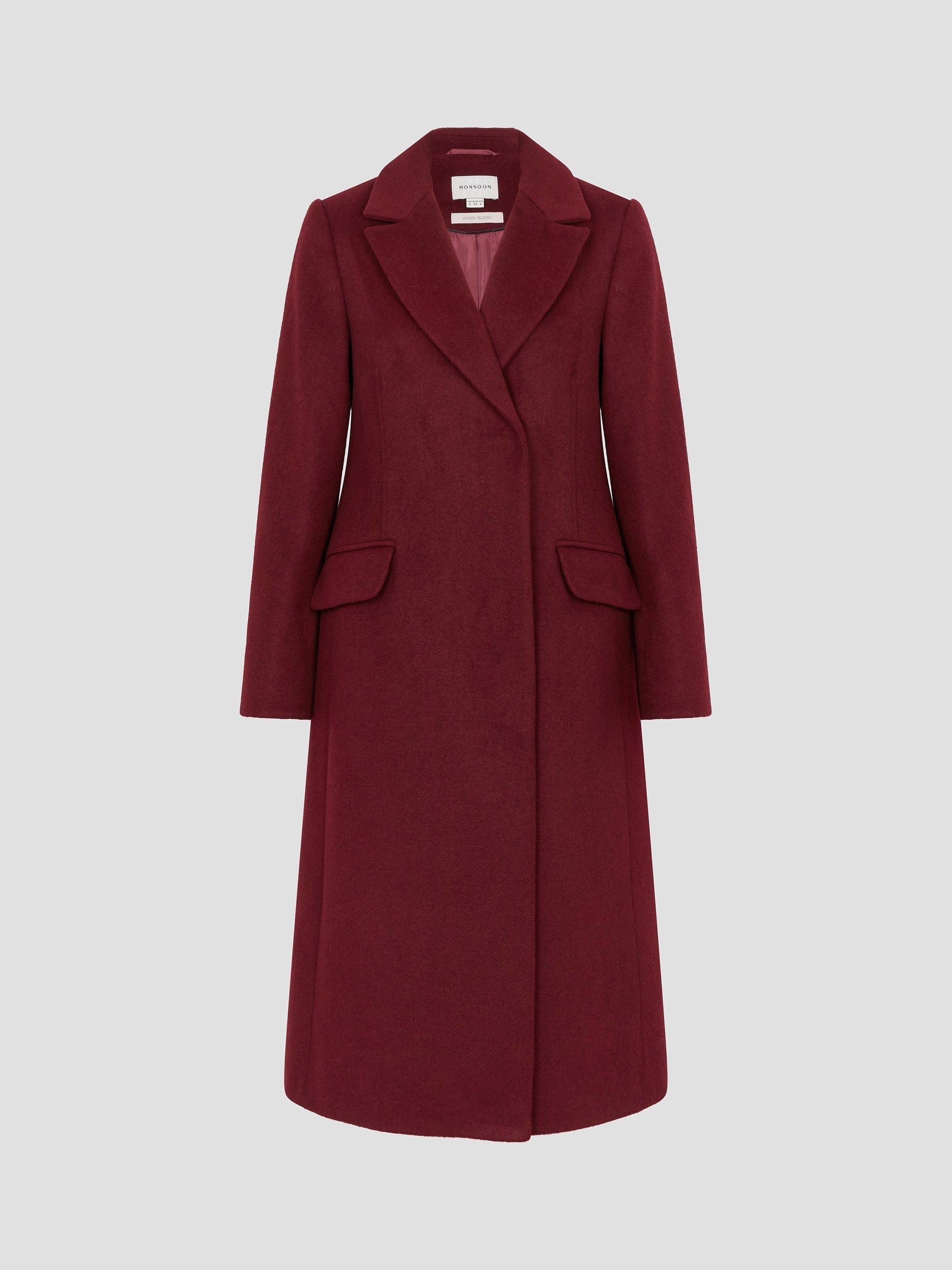 Product image 3 of 5, which shows Monsoon Arabella A-Line Coat, Burgundy, 16