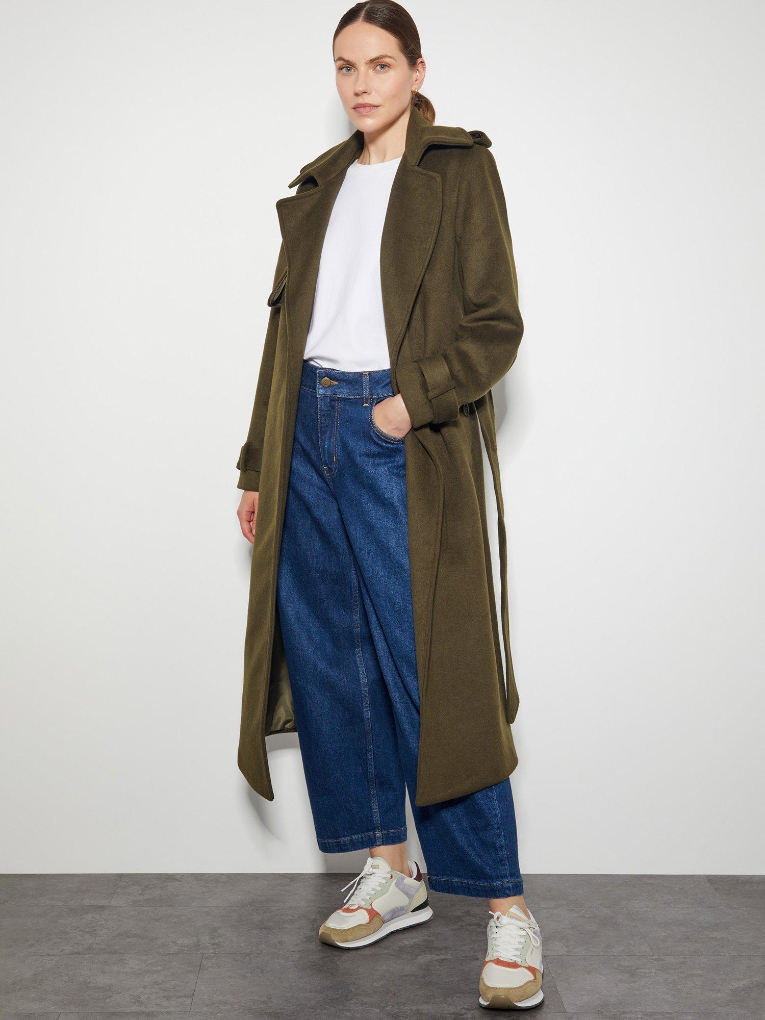 Monsoon Ollie Wool Blend Belted Trench Coat Khaki