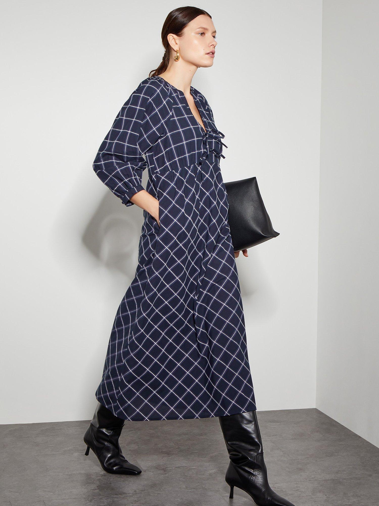 Product image 5 of 5, which shows Monsoon Frankie Check Print Midi Dress, Navy, S