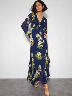 Monsoon Rowena Floral Ruffle Dress, Navy/Multi, Navy/Multi