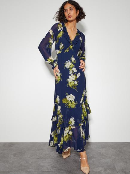 Monsoon Rowena Floral Ruffle Dress, Navy/Multi, Navy/Multi