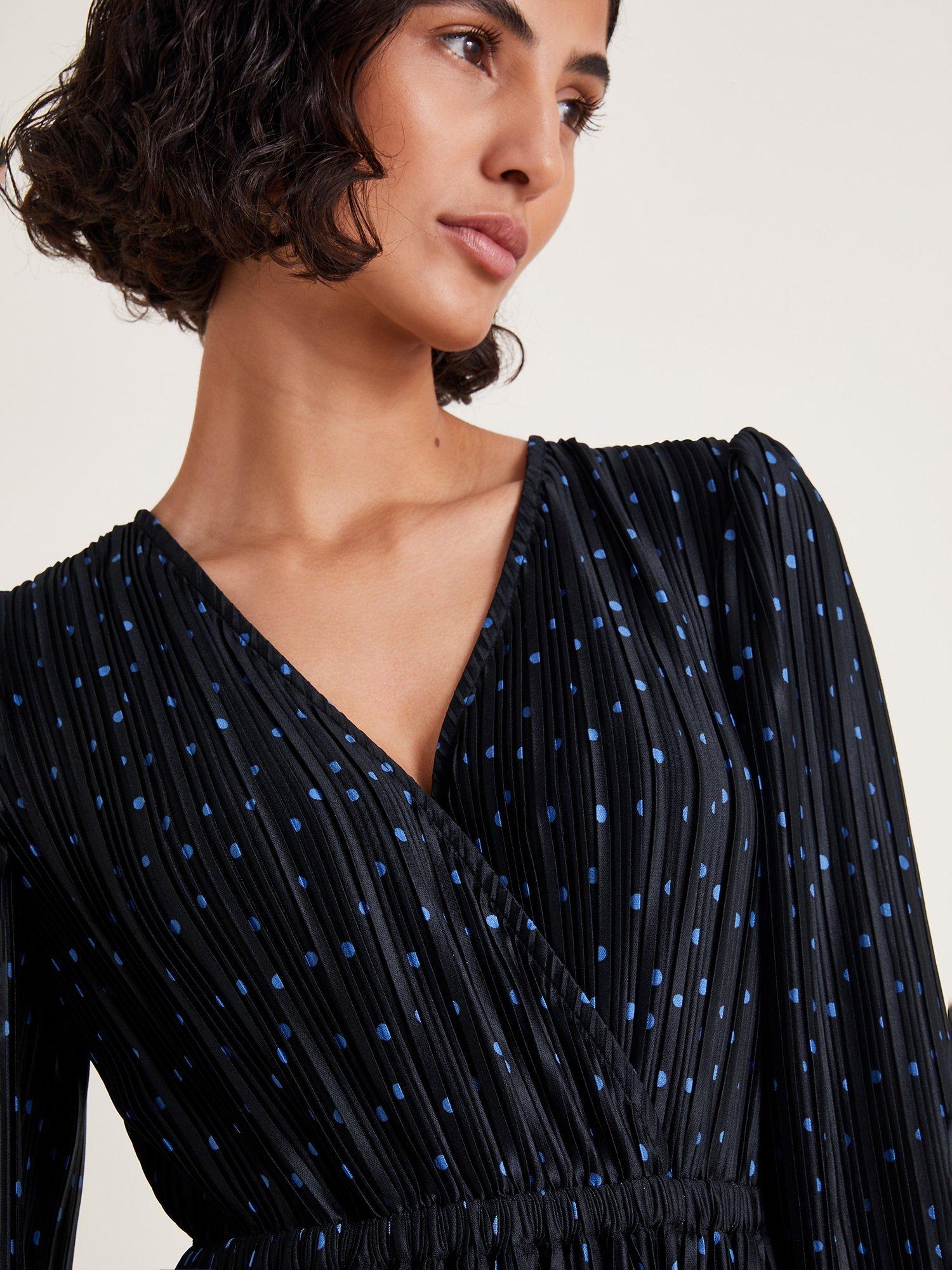 Monsoon Shiloh Plisse Spot Dress, Black, S
