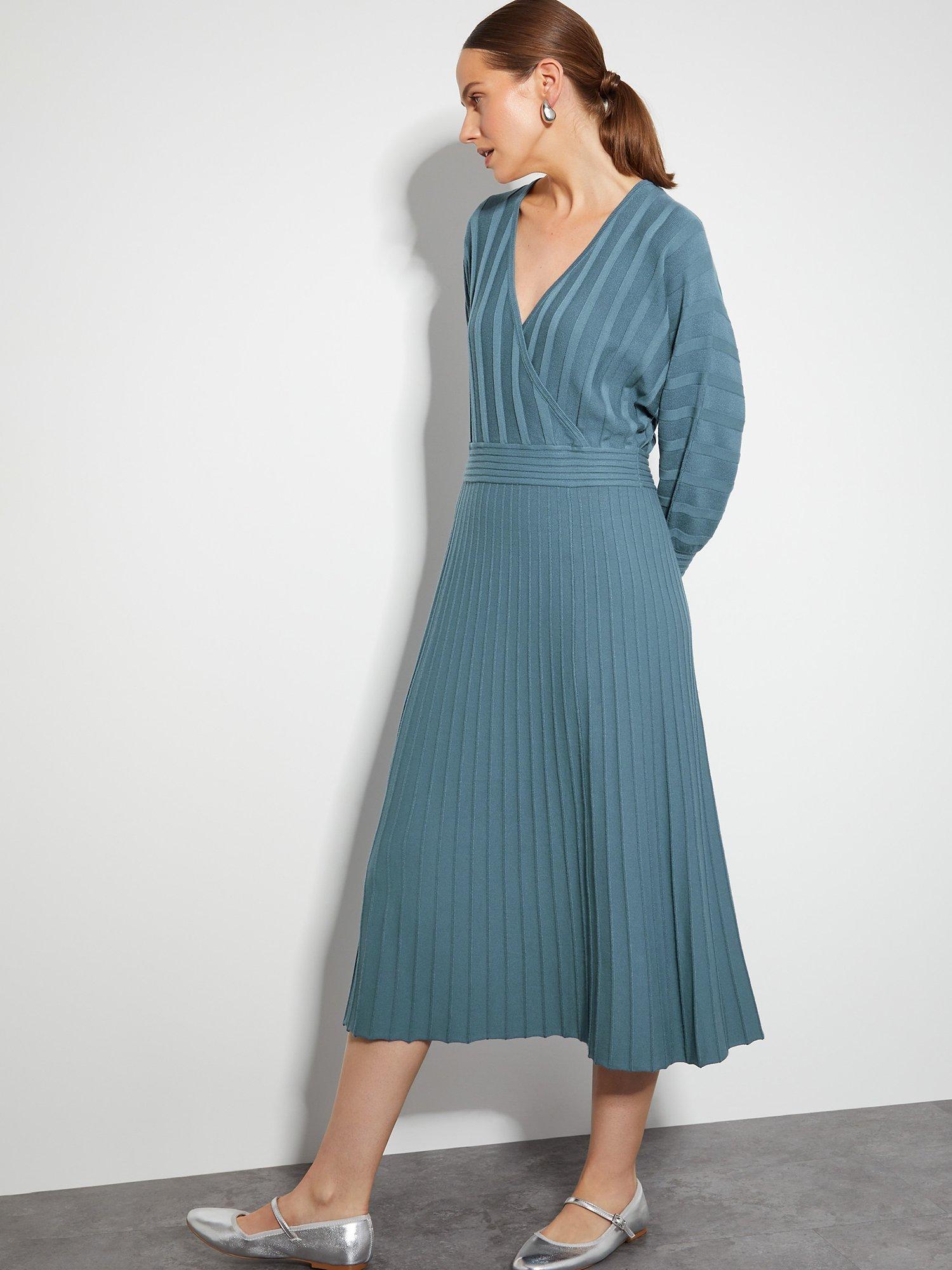 Monsoon Wynn Knit Wrap Midi Dress Blue