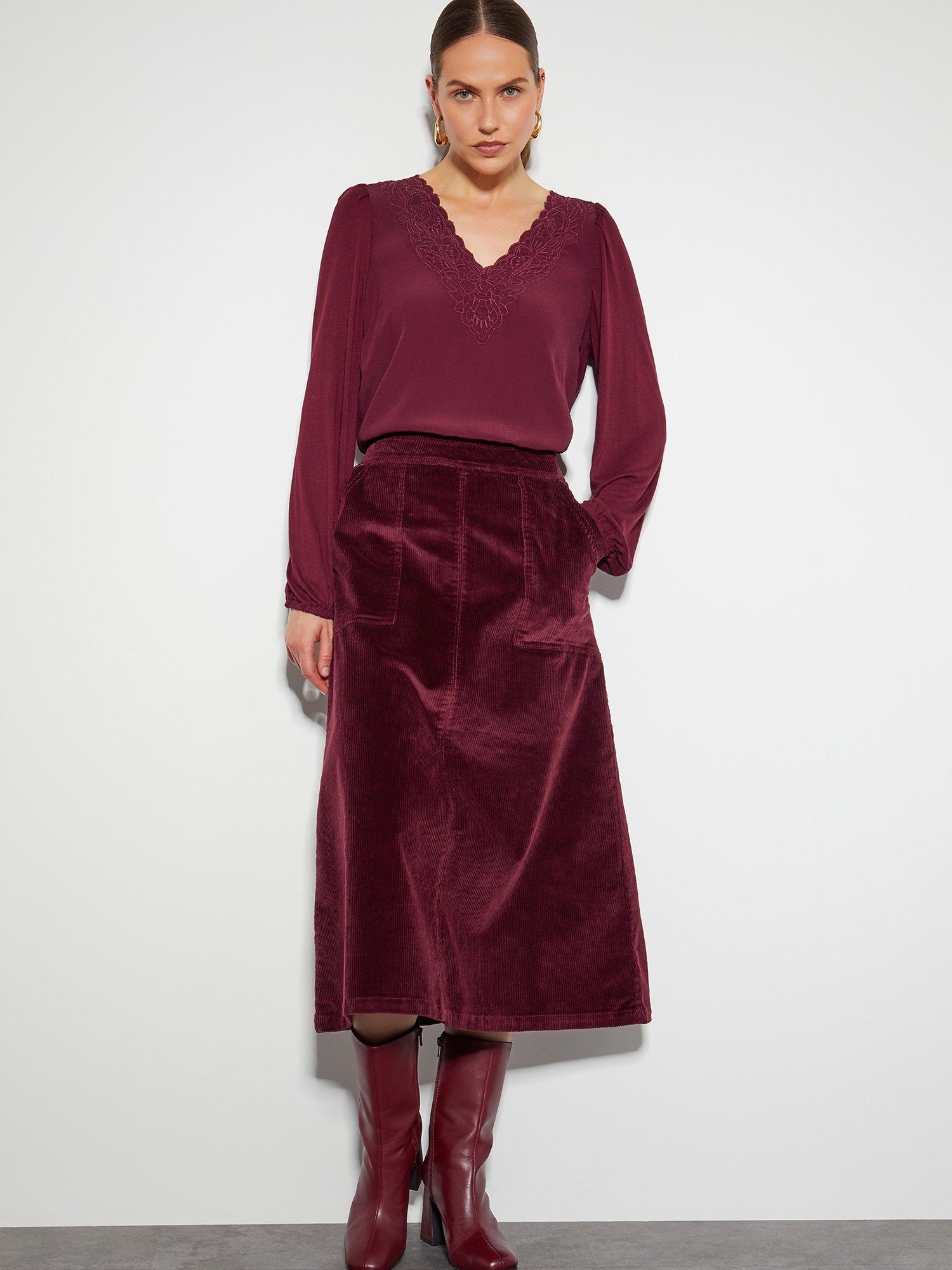 Monsoon Malika Corduroy Midi Skirt Burgundy