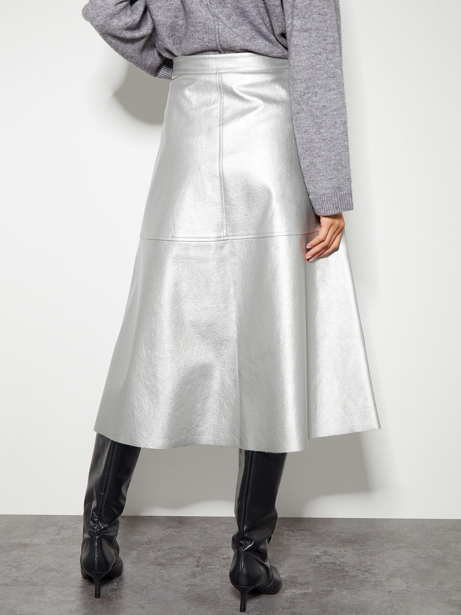 Monsoon Pippa Faux Leather Midi Skirt, Silver, 20