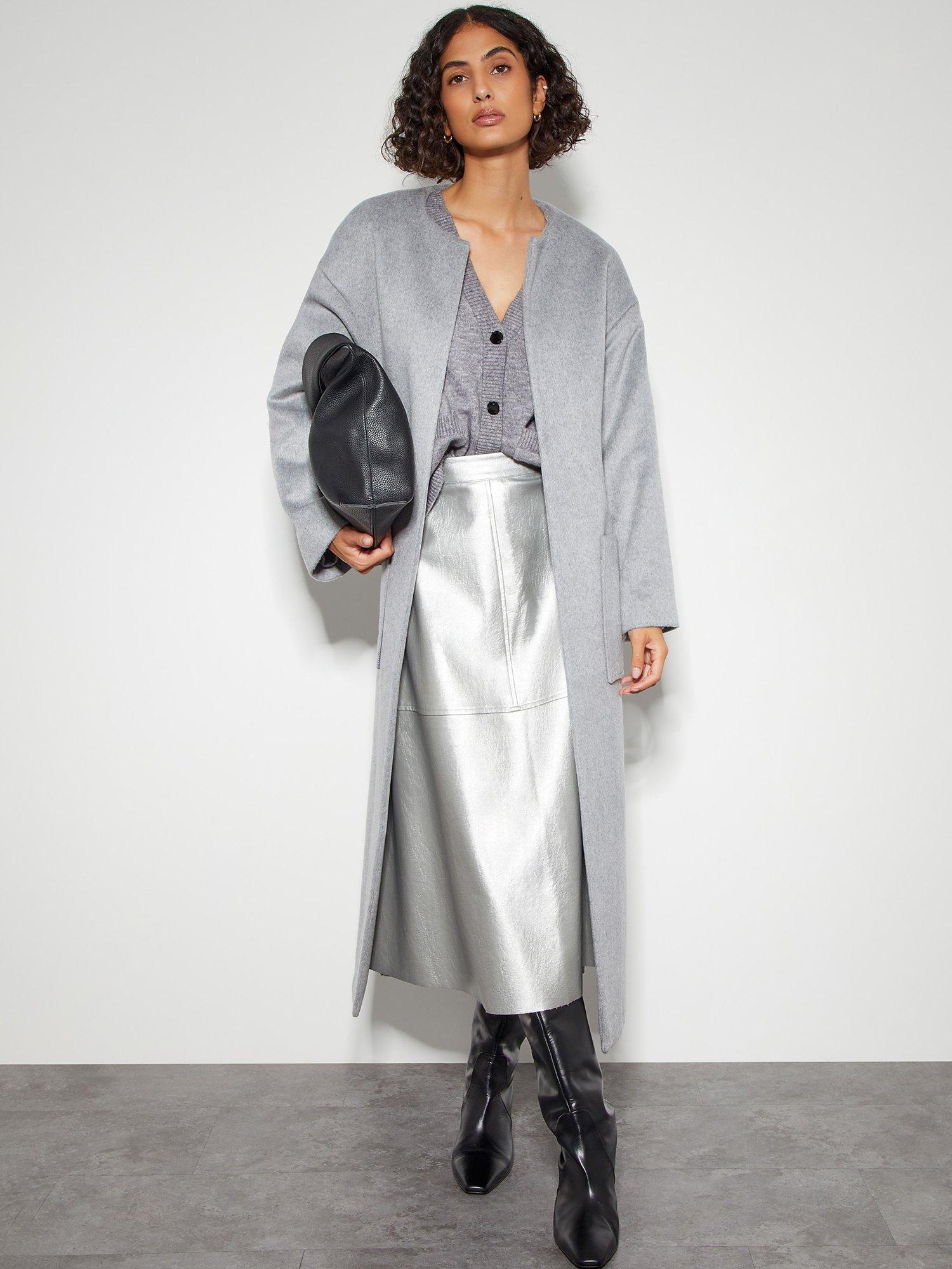 Monsoon Pippa Faux Leather Midi Skirt, Silver, 20