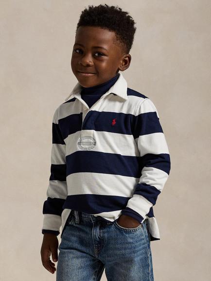 Ralph Lauren Kids' Long Sleeve Rugby Shirt, White/Navy, White/Navy