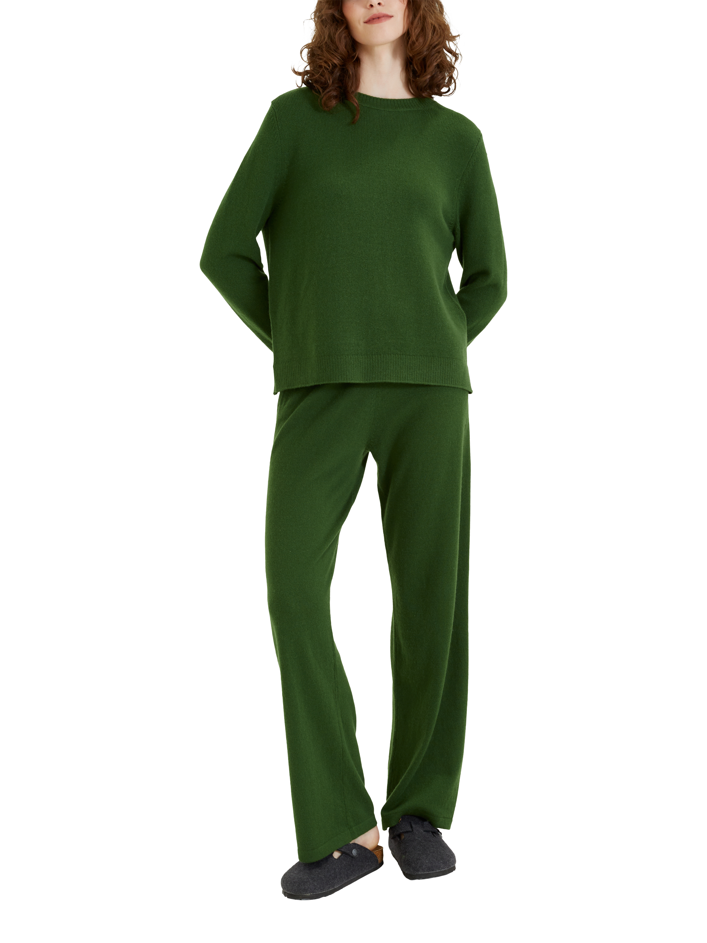 Product image 1 of 4, which shows Chinti & Parker Wide Leg Cashmere Trousers, Moss, XS