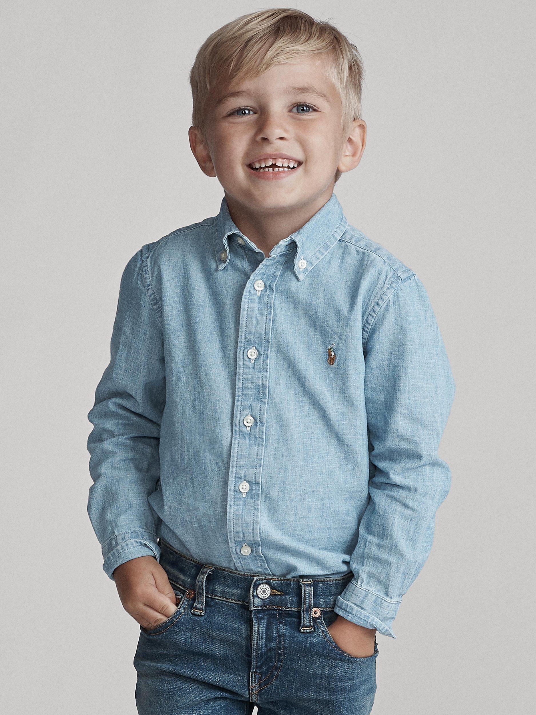 Product image 1 of 8, which shows Polo Ralph Lauren Kids' Cotton Chambray Long Sleeve Shirt, Light Blue, S
