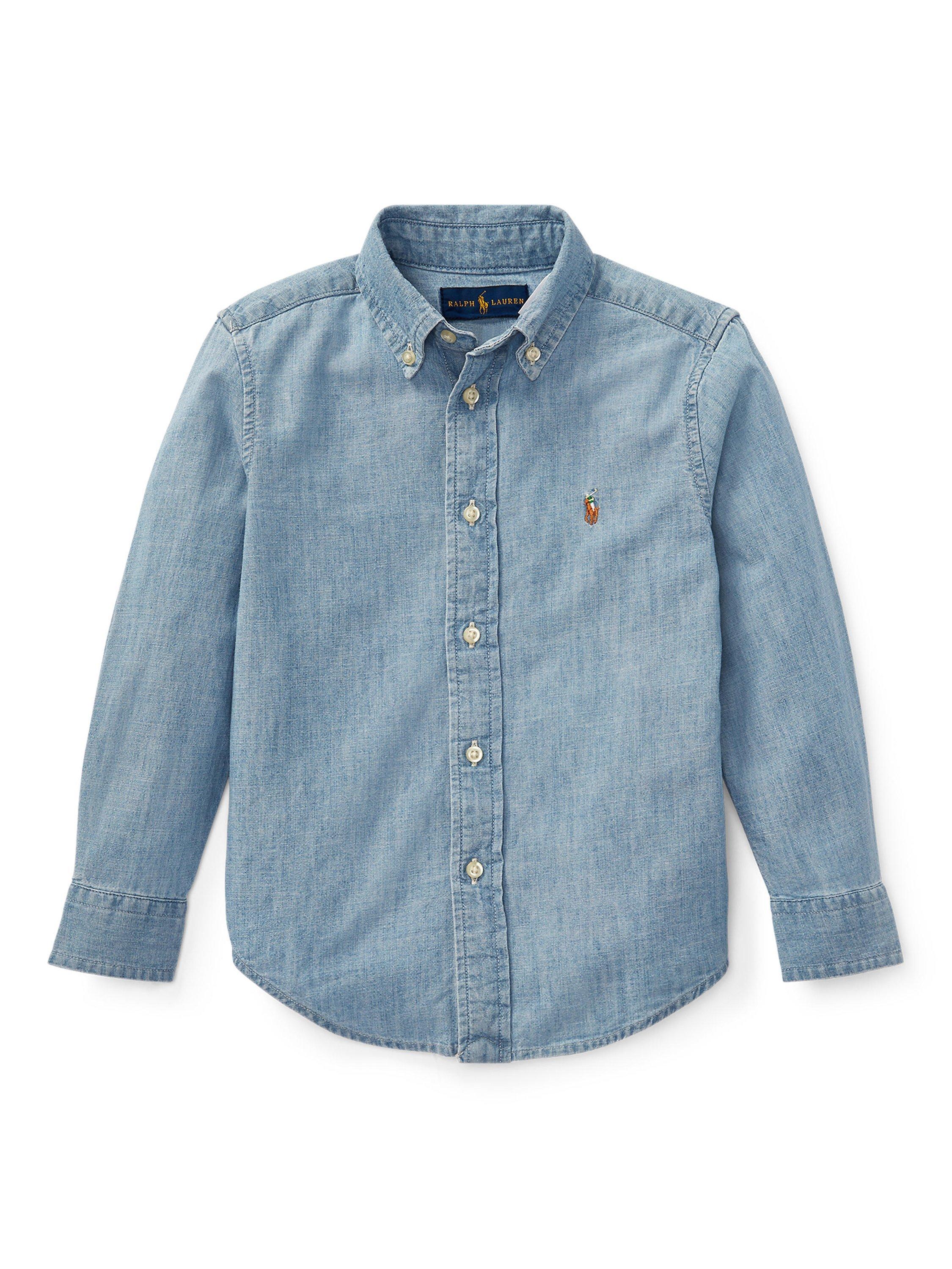 Product image 4 of 8, which shows Polo Ralph Lauren Kids' Cotton Chambray Long Sleeve Shirt, Light Blue, S