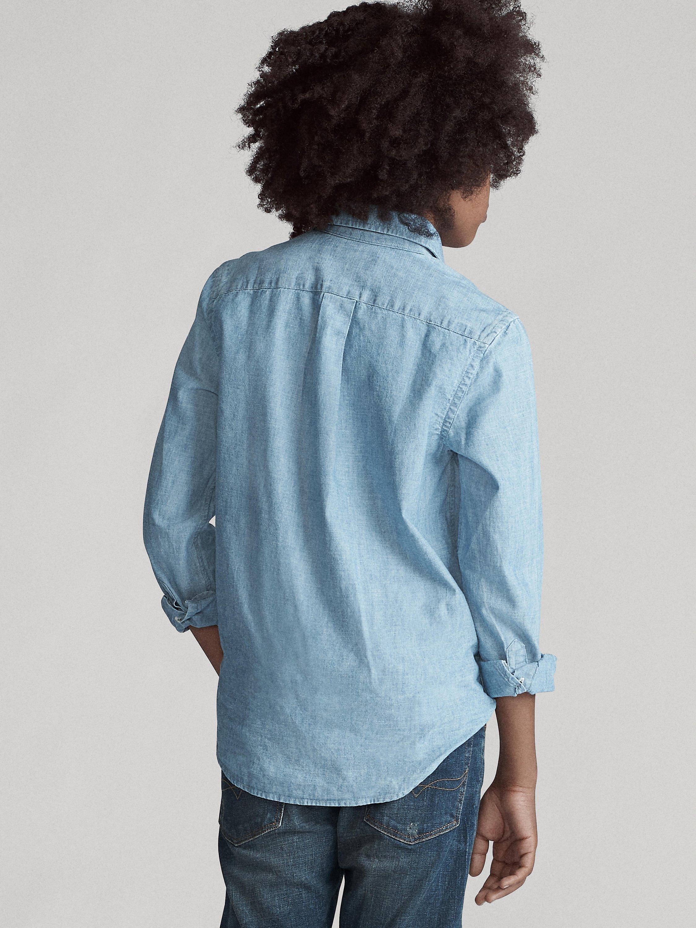 Product image 7 of 8, which shows Polo Ralph Lauren Kids' Cotton Chambray Long Sleeve Shirt, Light Blue, S
