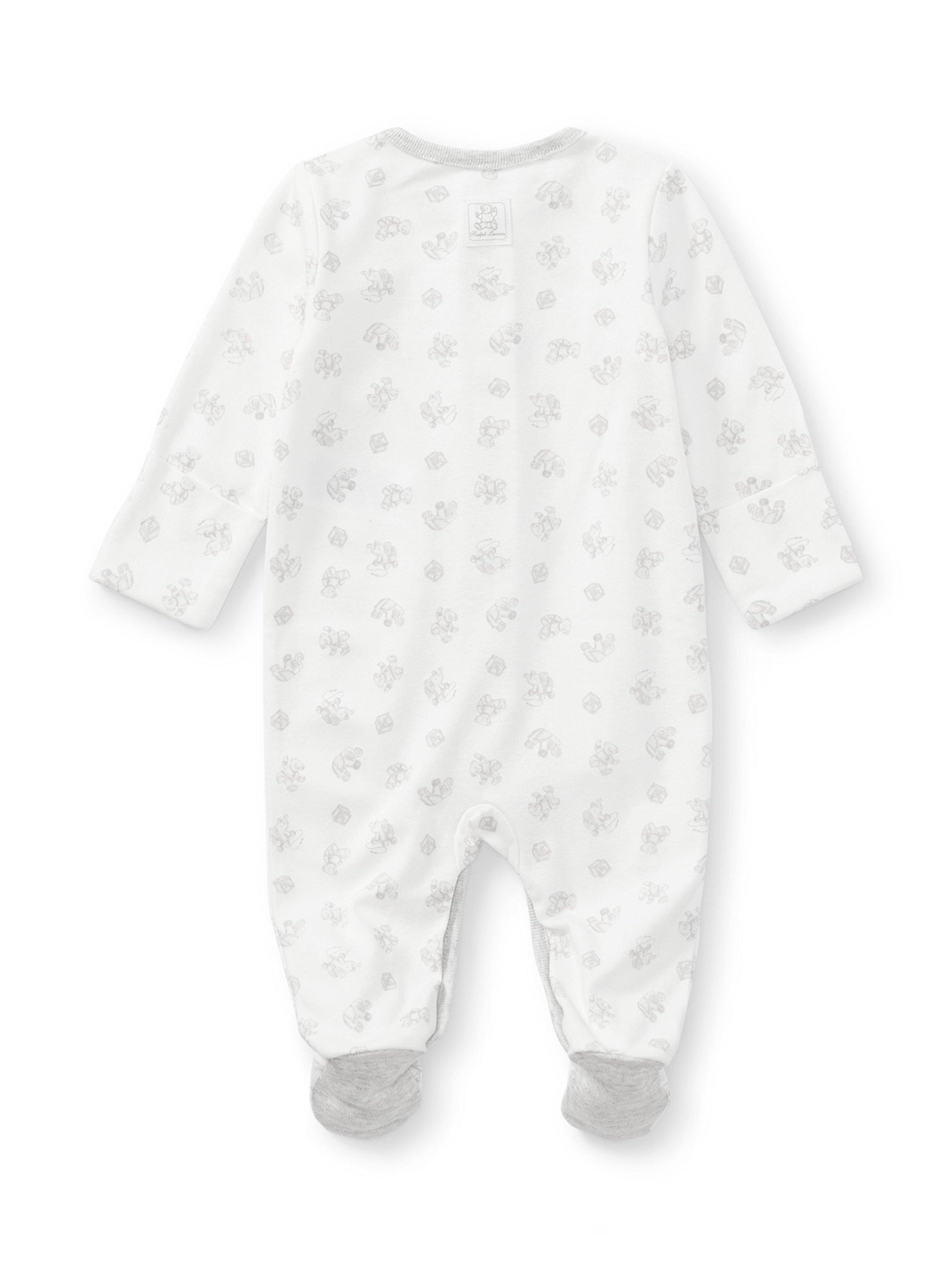 Product image 2 of 3, which shows Ralph Lauren Baby Printed Cotton Sleepsuit, Paper White, Newborn