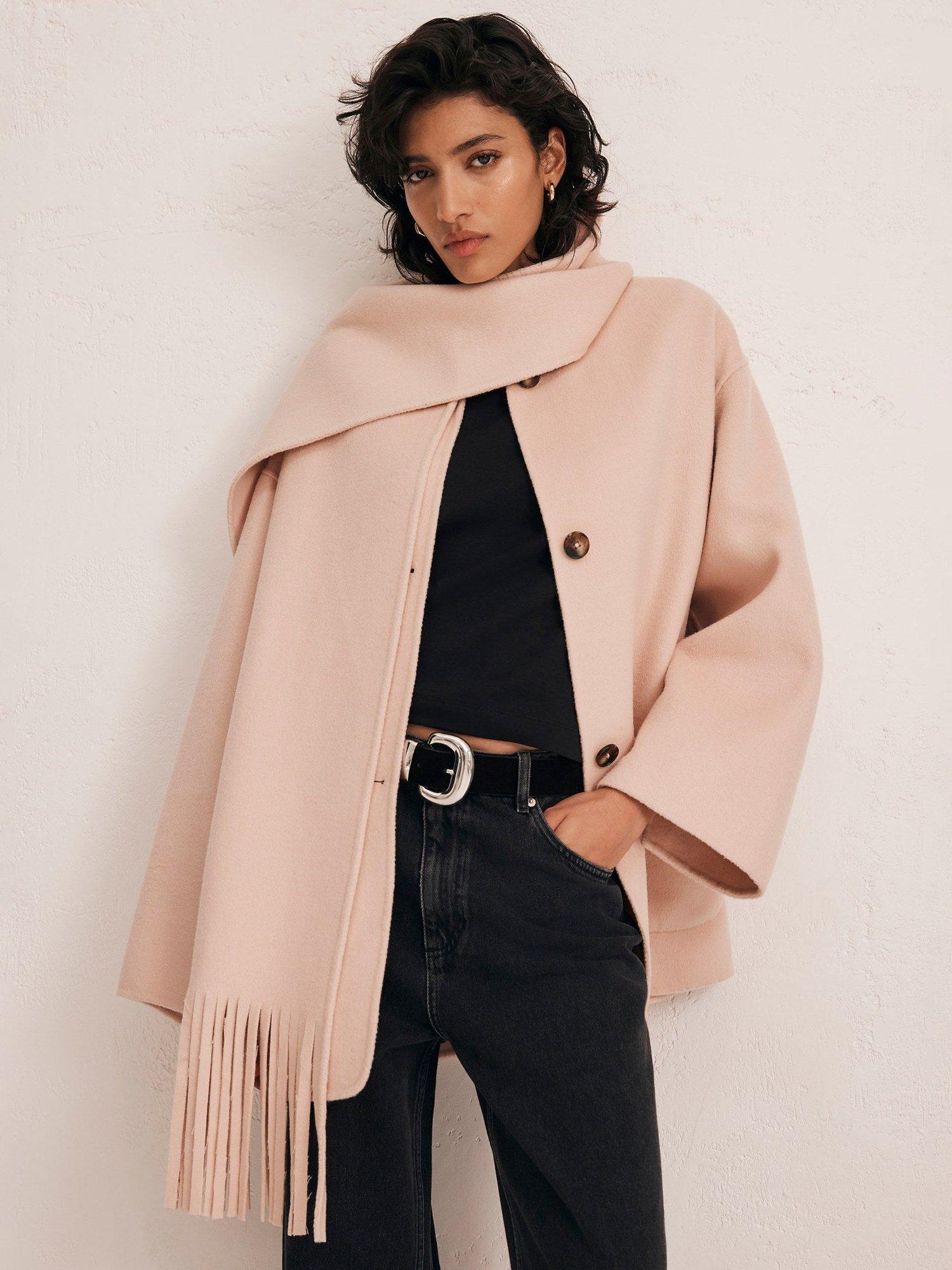 Mint Velvet Fringed Scarf Wool Blend Coat Light Pink