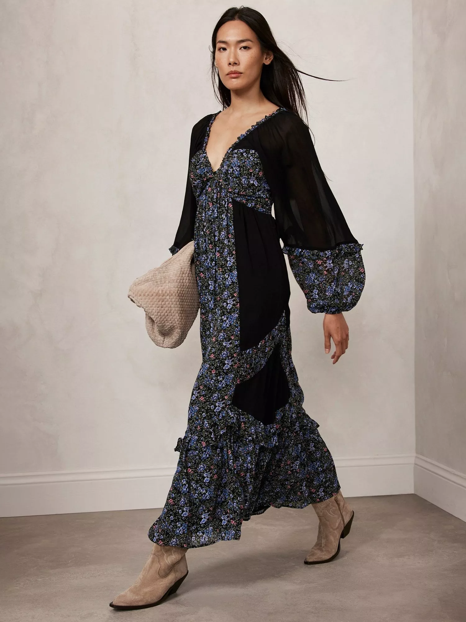 Robe Espresso Femme Fleurs Grandes - Taille L - Manches Fendues - Occasion Bon état