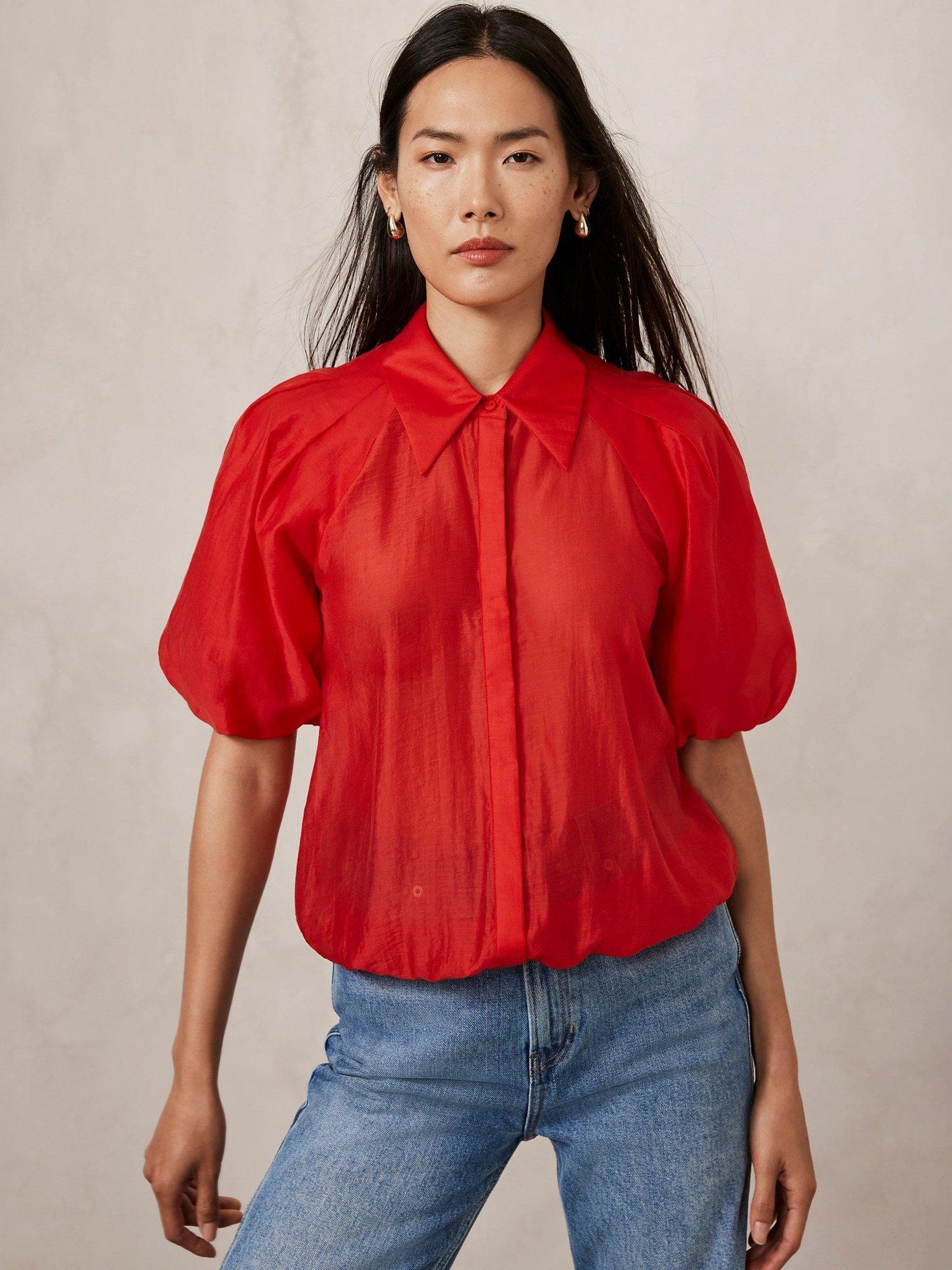 Mint Velvet Sheer Puff Sleeve Shirt Red