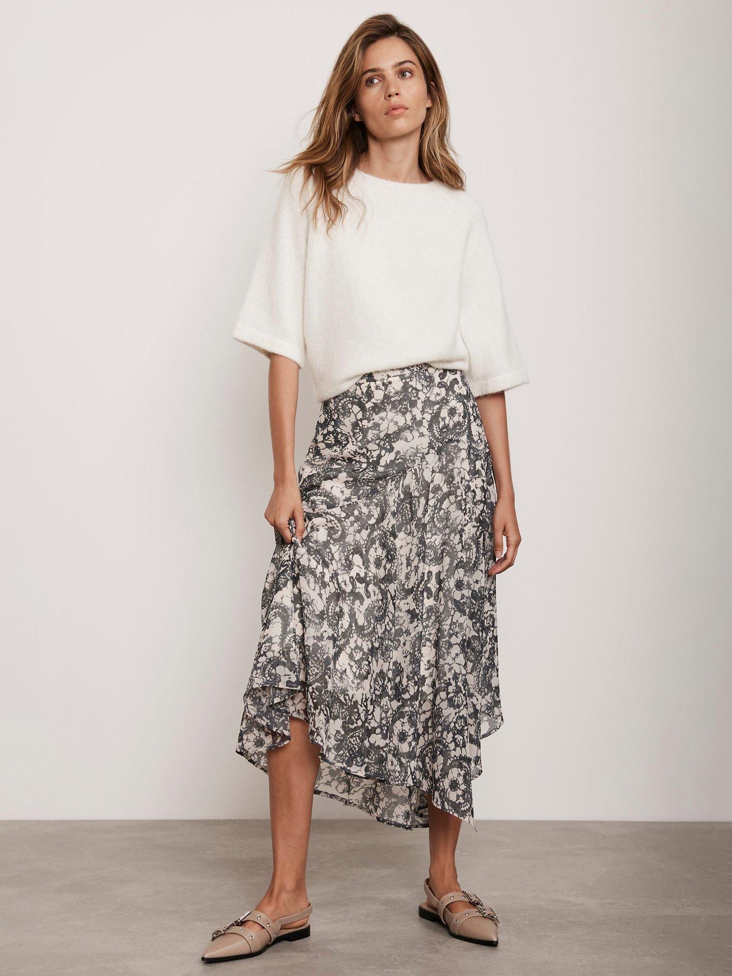 Mint Velvet Abstract Floral Print Midi Skirt Cream Grey