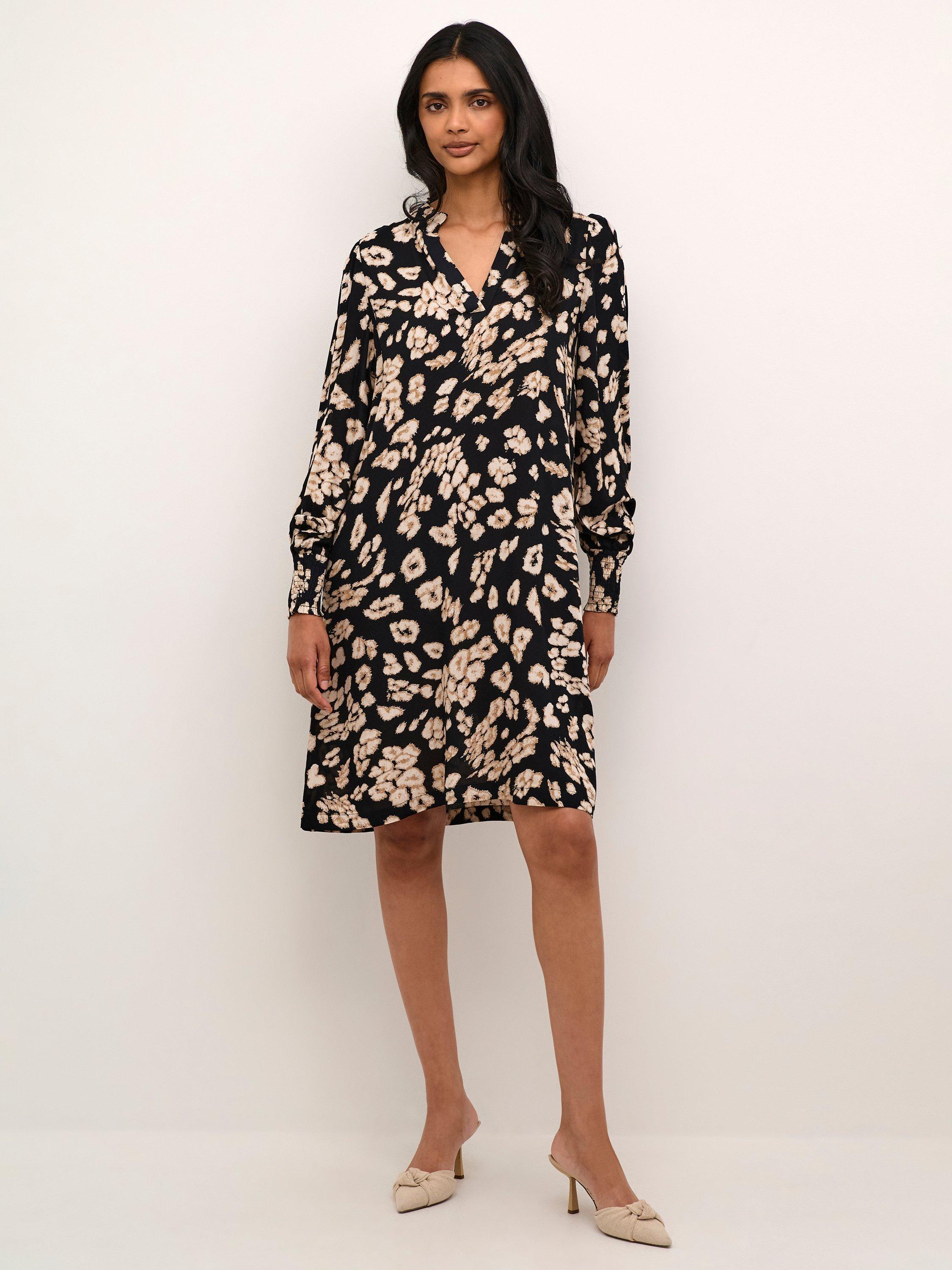 Product image 1 of 5, which shows KAFFE Beath Abstract Floral Dress, Black/Sand, 8