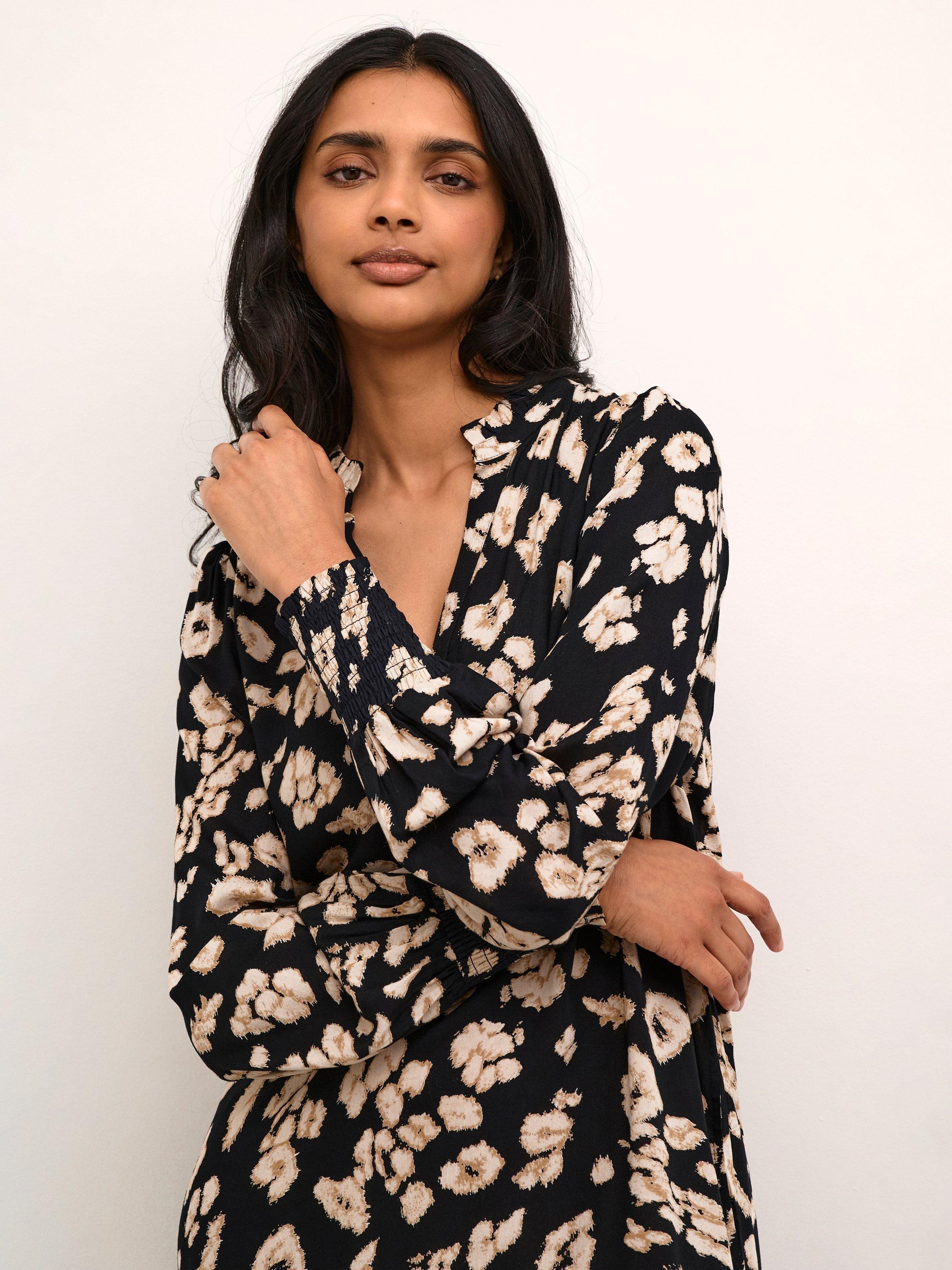Product image 3 of 5, which shows KAFFE Beath Abstract Floral Dress, Black/Sand, 8