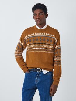 John Lewis Fair Isle Crew Neck Jumper, Indian Khaki/Multi, Indian Khaki Multi