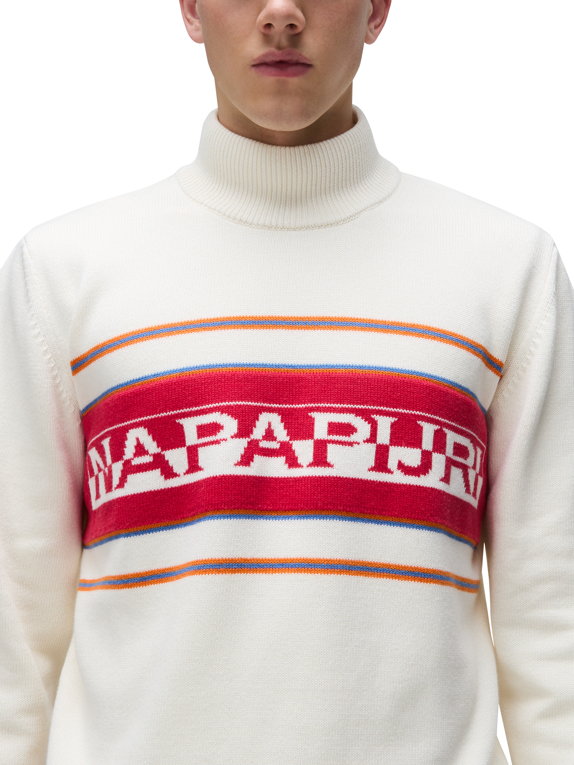 Product image 3 of 5, which shows Napapijri Sardona Wool Blend High Neck Jacquard Jumper, Beige Dimity, S