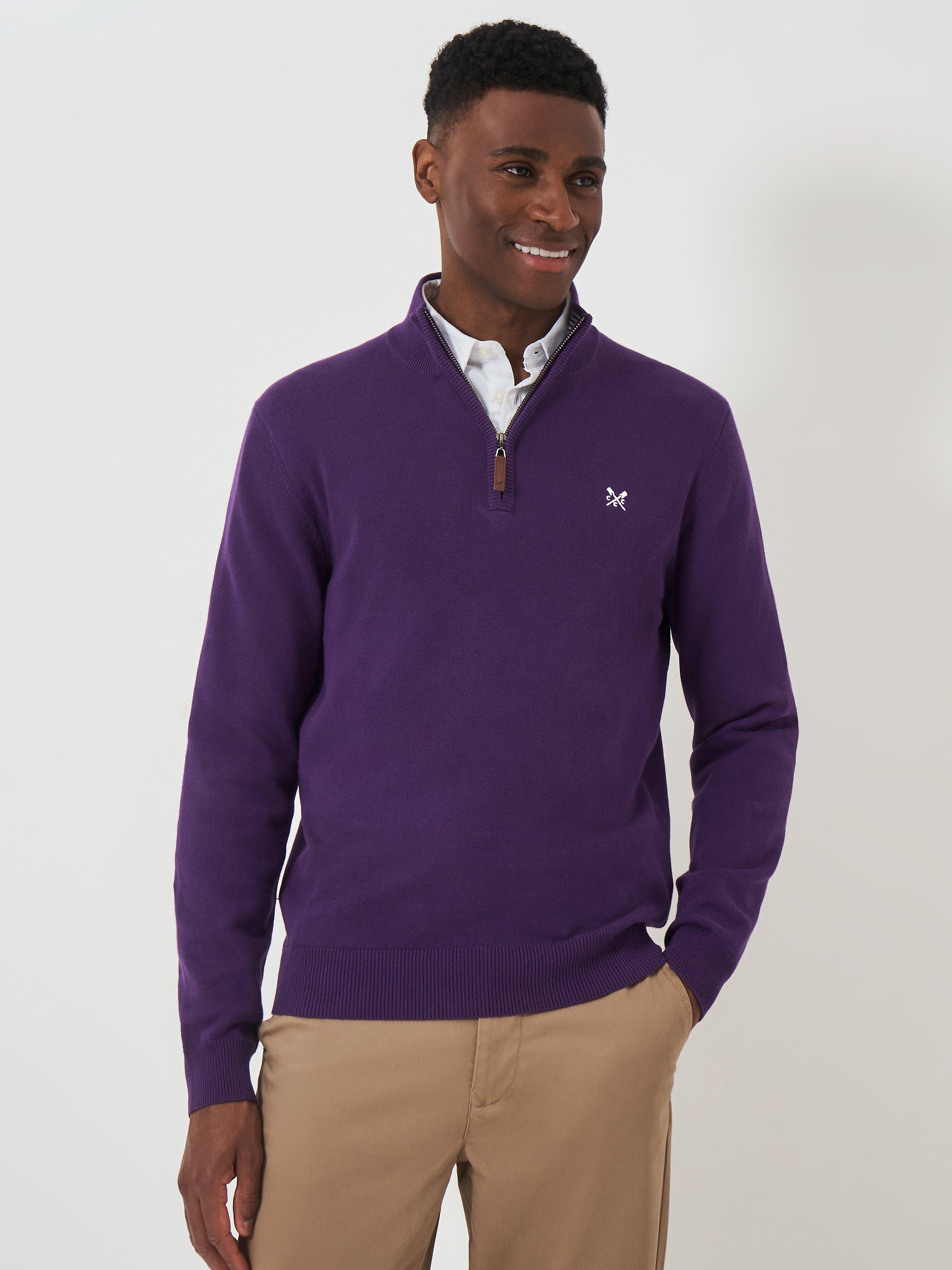Crew Clothing Organic Cotton Half Zip Knitted Jumper, Purple