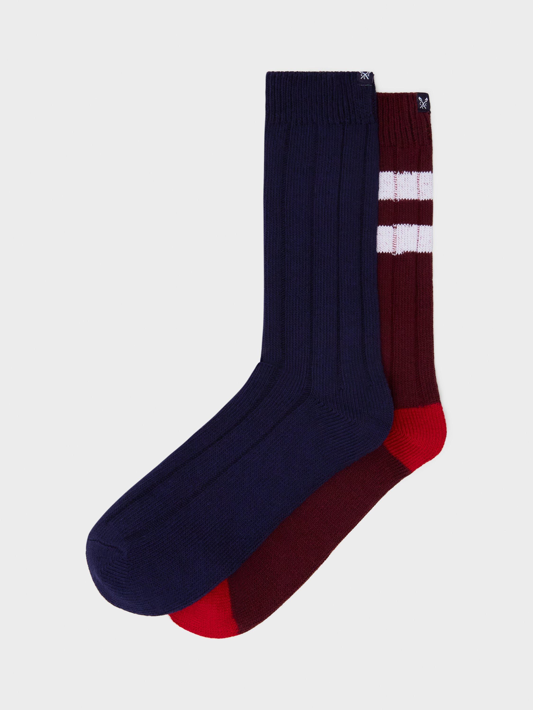 Crew Clothing Stripe Cotton Blend Socks, Pack of 2, Burgundy/Multi, One Size