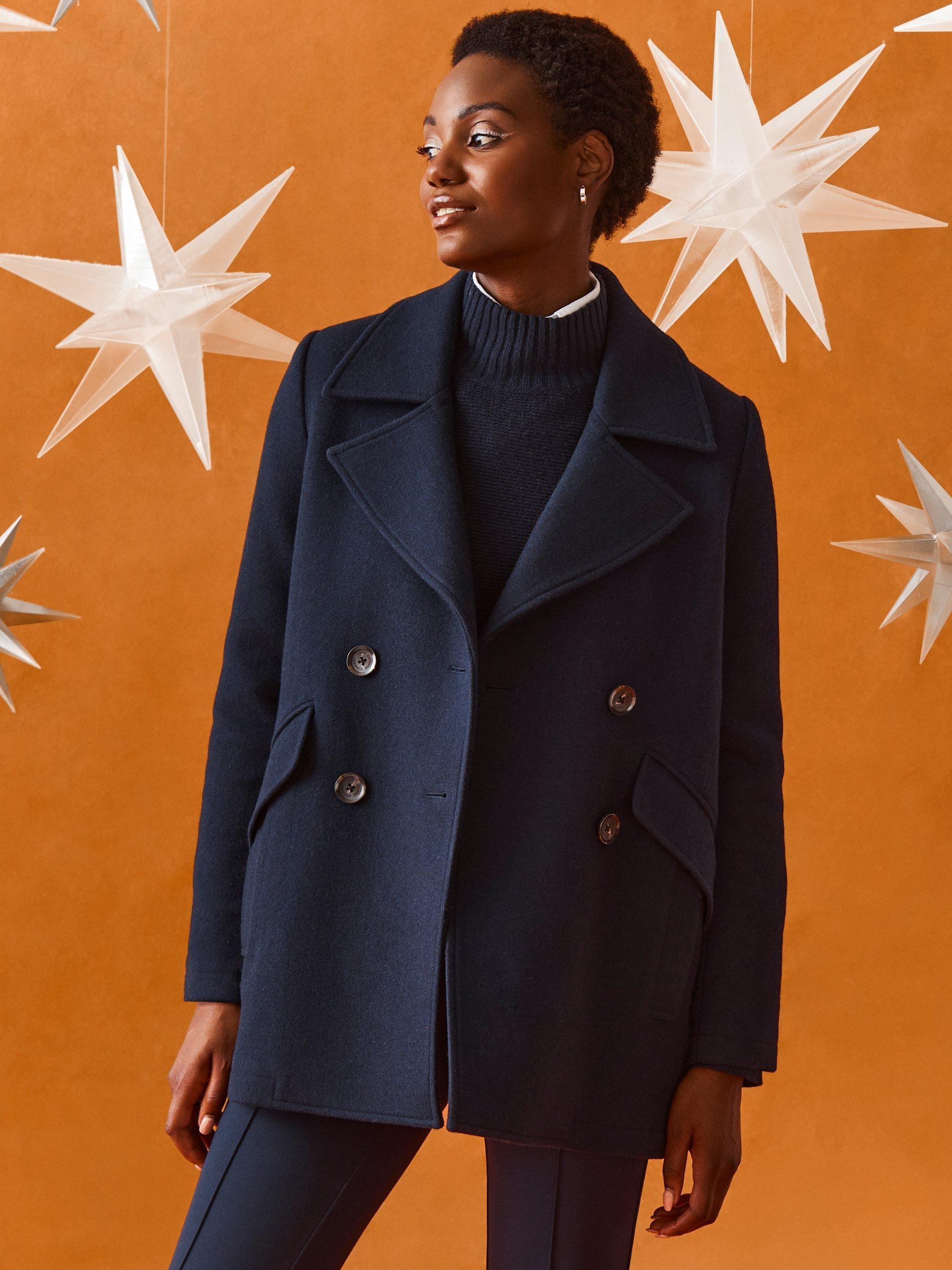 Navy double breasted wool coat best sale