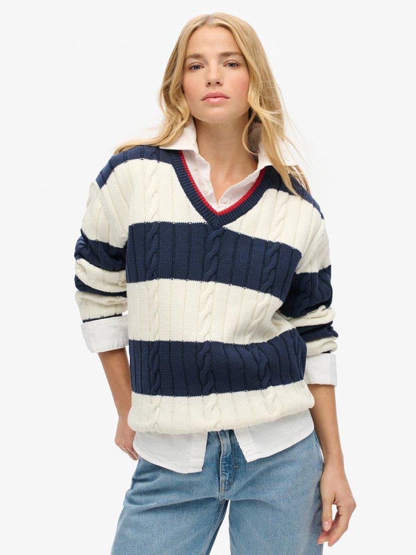 Superdry Stripe Oversized Cable V-Neck Jumper, Richest Navy