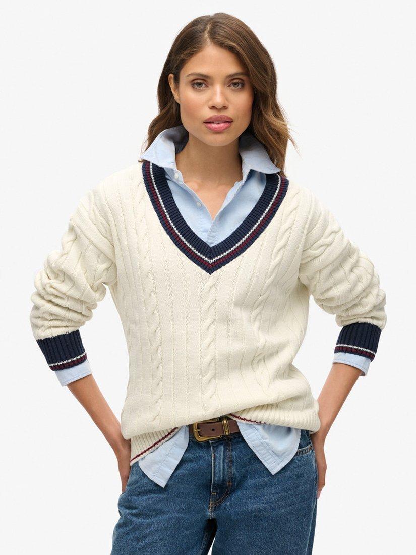 Superdry Oversized V-Neck Cricket Jumper, Ecru/Multi