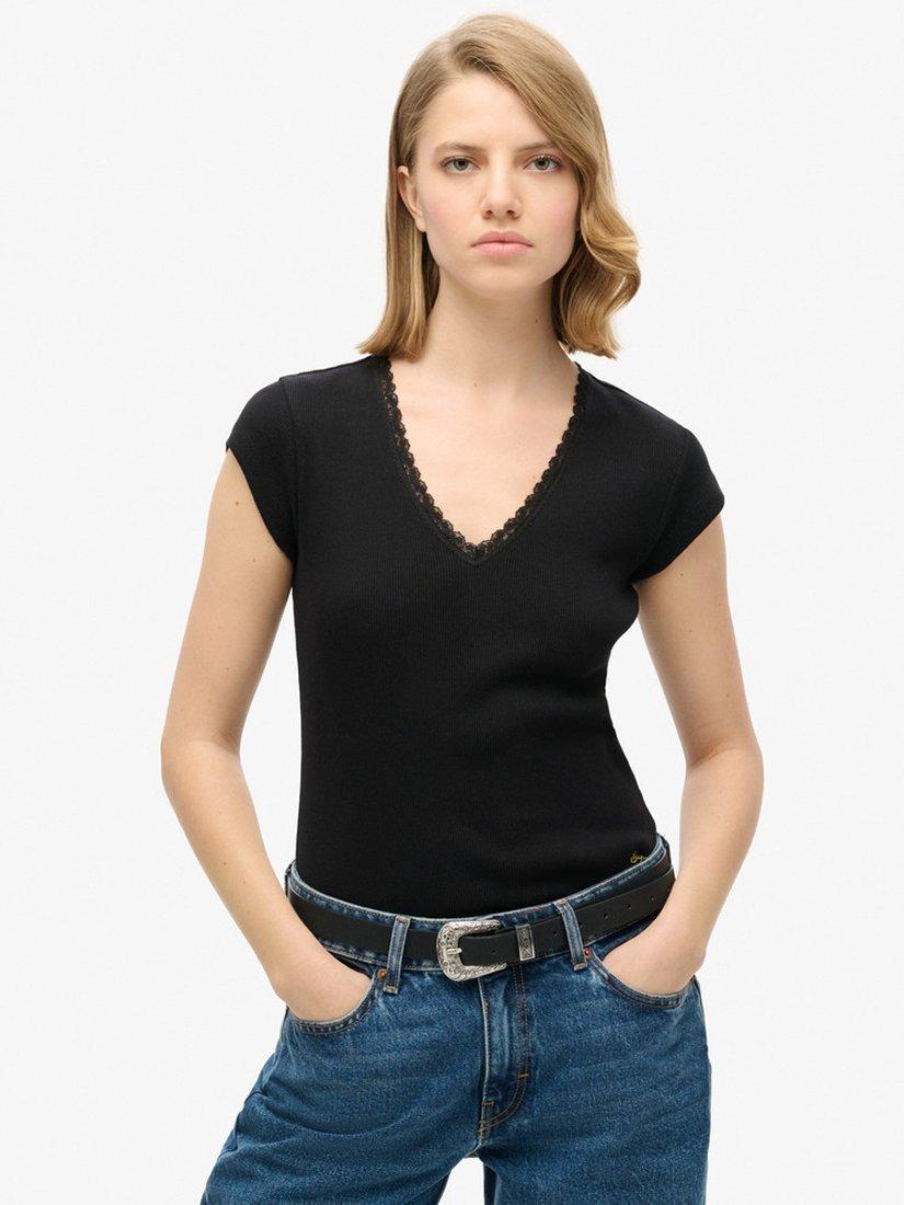 Product image 1 of 5, which shows Superdry Athletic Essential Lace Trim V-Neck Top, Black, 6-8