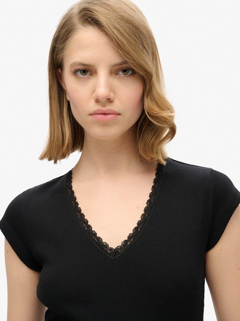 Product image 3 of 5, which shows Superdry Athletic Essential Lace Trim V-Neck Top, Black, 6-8