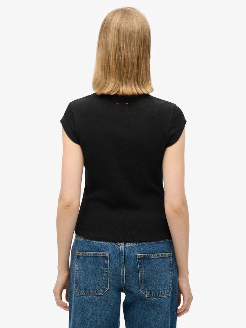 Product image 4 of 5, which shows Superdry Athletic Essential Lace Trim V-Neck Top, Black, 6-8