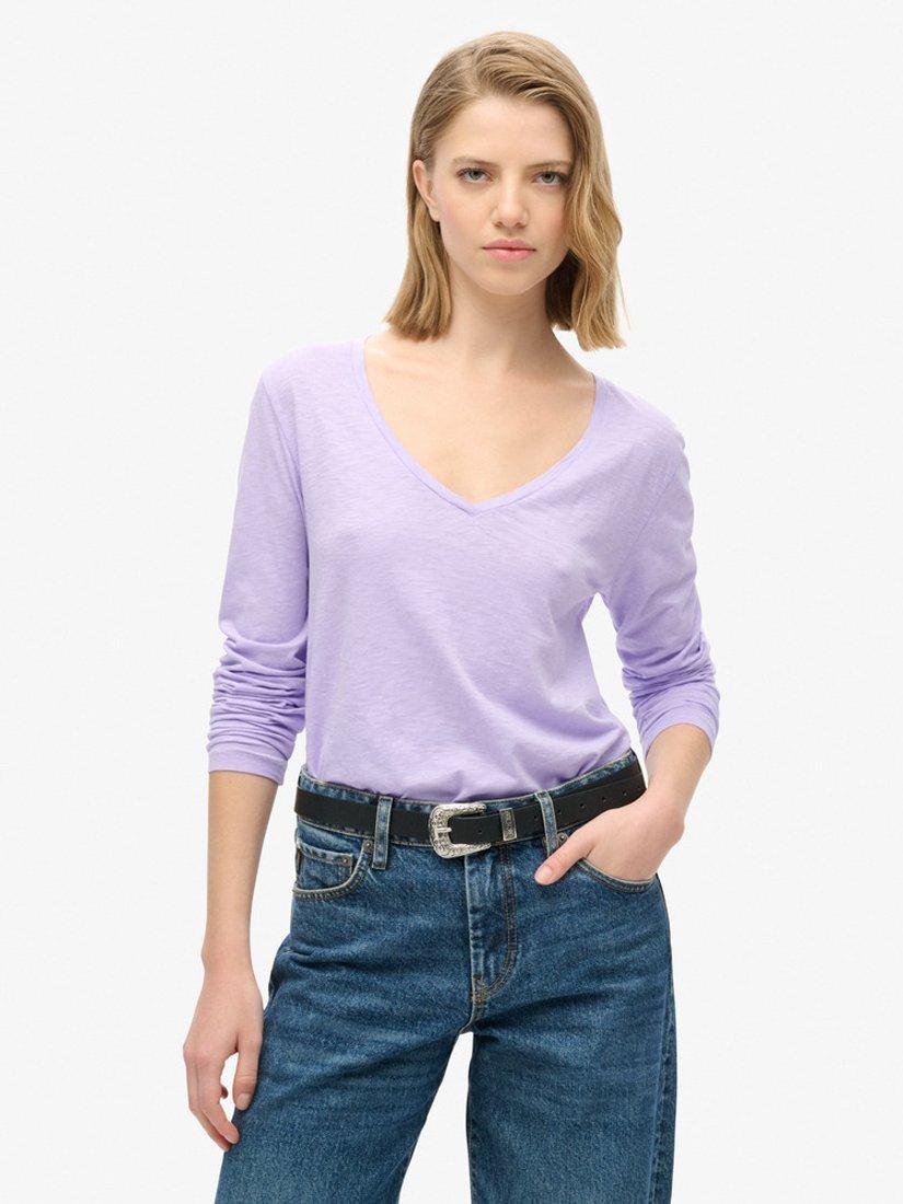 Product image 1 of 5, which shows Superdry Long Sleeve V-Neck Jersey Top, Lavender Purple, 14