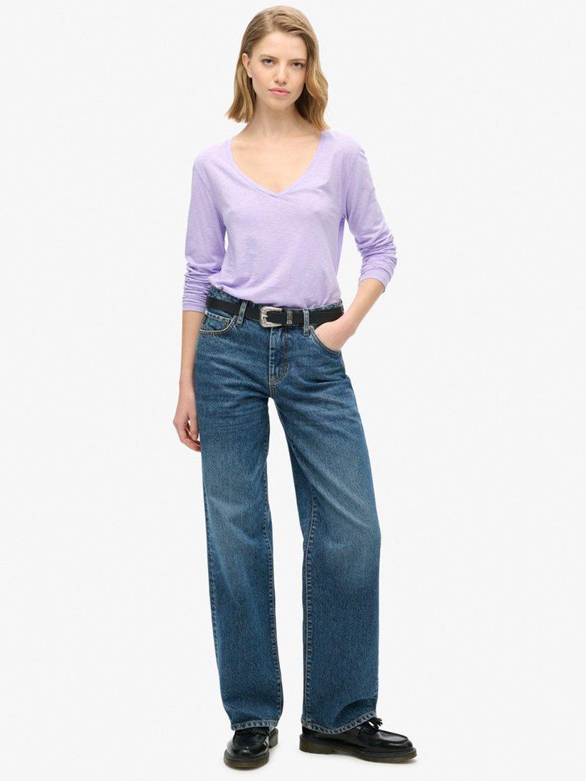 Product image 2 of 5, which shows Superdry Long Sleeve V-Neck Jersey Top, Lavender Purple, 14