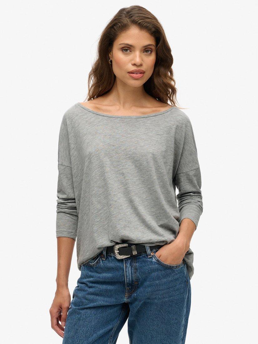 Product image 1 of 5, which shows Superdry Long Sleeve Jersey Top, Smoke Grey Marl, 16