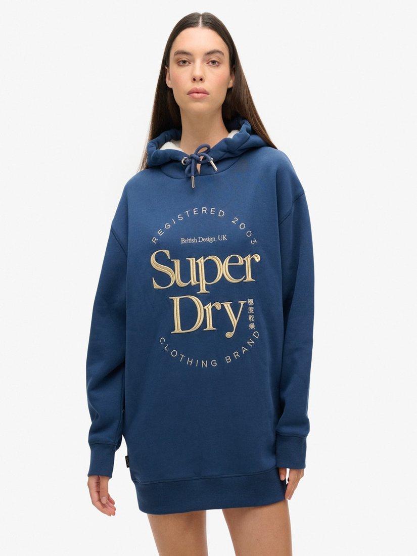 Superdry Luxe Metallic Logo Hooded Dress, Sargasso Sea Blue