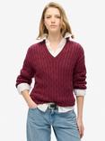 Superdry Oversized V-Neck Cable Knit Jumper, Bordeaux Red