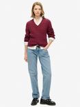 Superdry Oversized V-Neck Cable Knit Jumper, Bordeaux Red