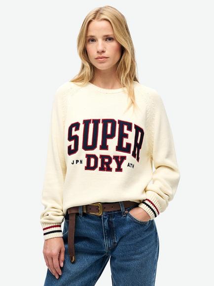 Superdry Slouchy Knitted Graphic Organic Cotton Jumper, Off White/Multi, Off White/Multi