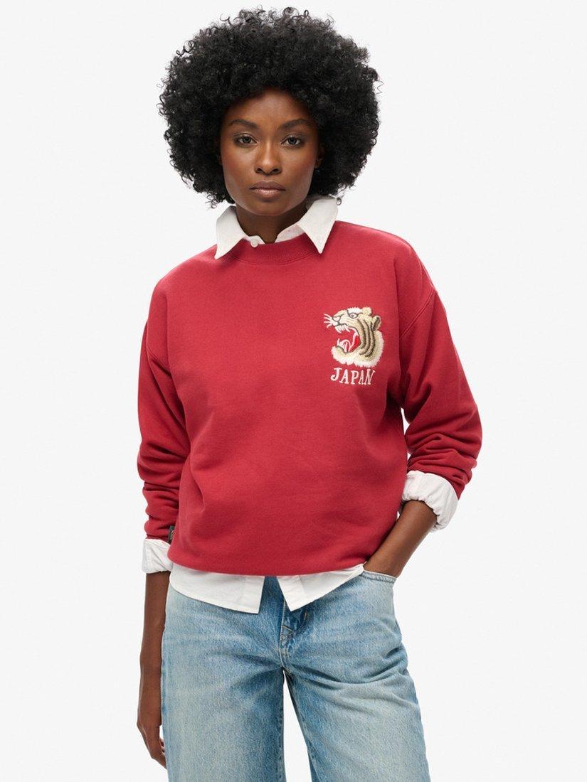 Superdry Suika Embroidered Loose Sweatshirt, Red Dahlia