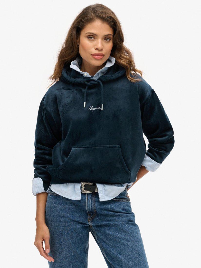 Superdry Country Club Velour Loose Hoodie, Blueberry Navy