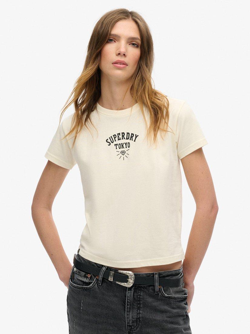 Product image 1 of 5, which shows Superdry Tattoo Rhinestone Fitted T-Shirt, Rice White, 12