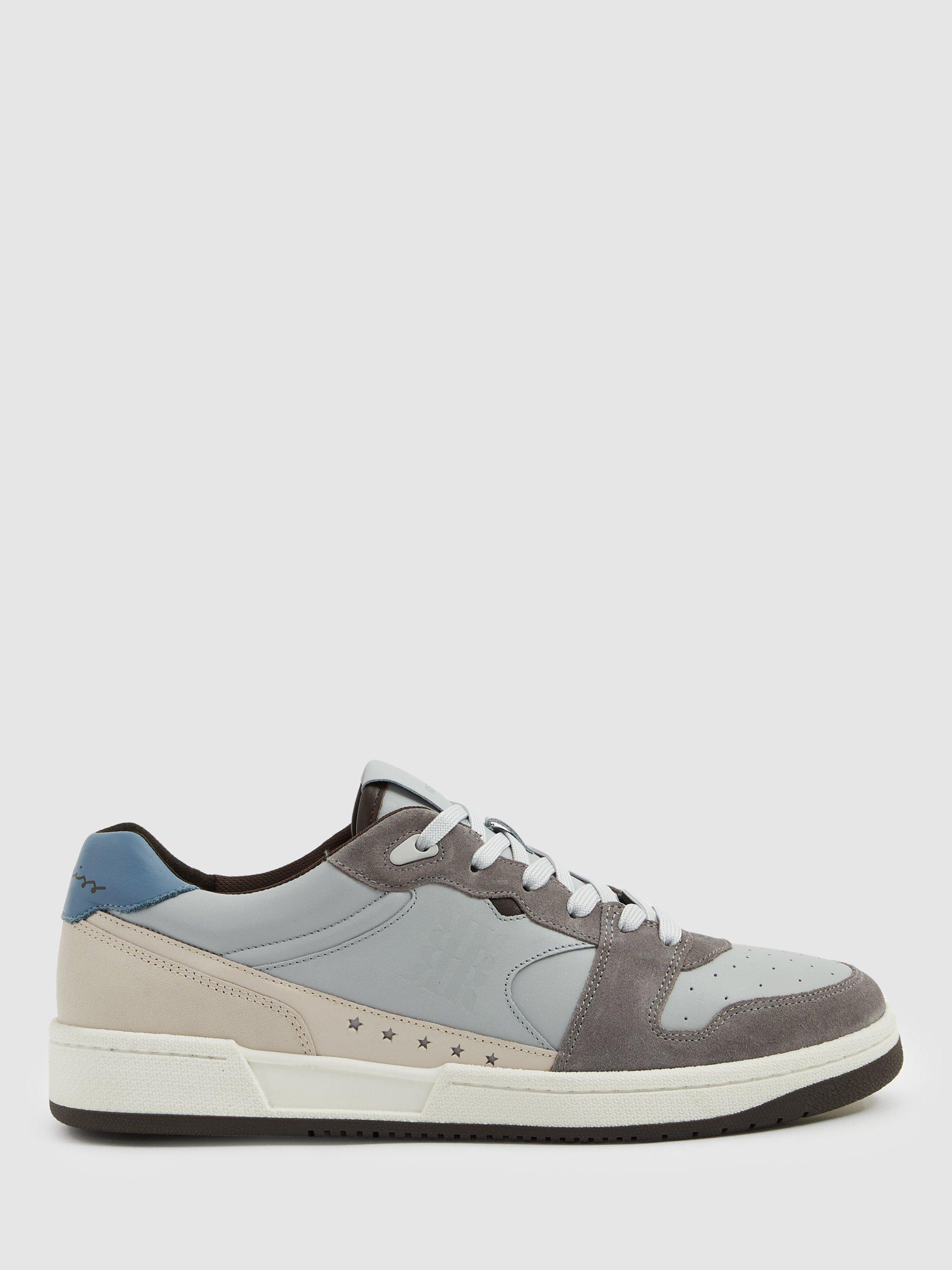 Reiss Astor Leather Colour Block Trainers, Soft Blue/Grey