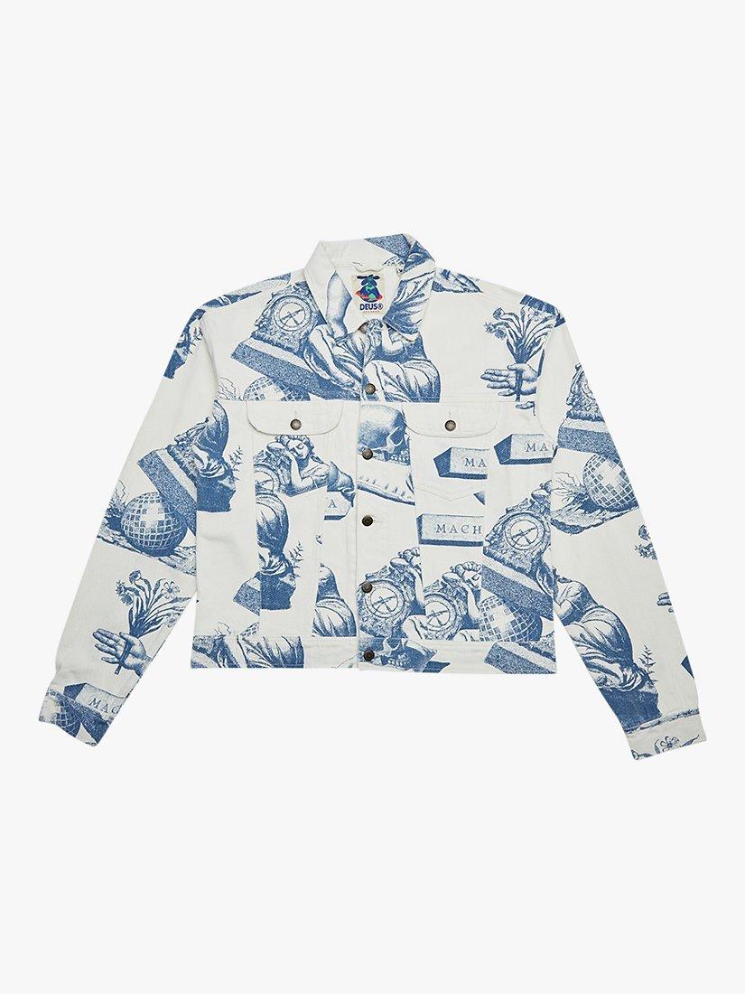 Product image 1 of 3, which shows Deus ex Machina Dream Machine Yardage Printed Trucker Jacket, Indigo, XL