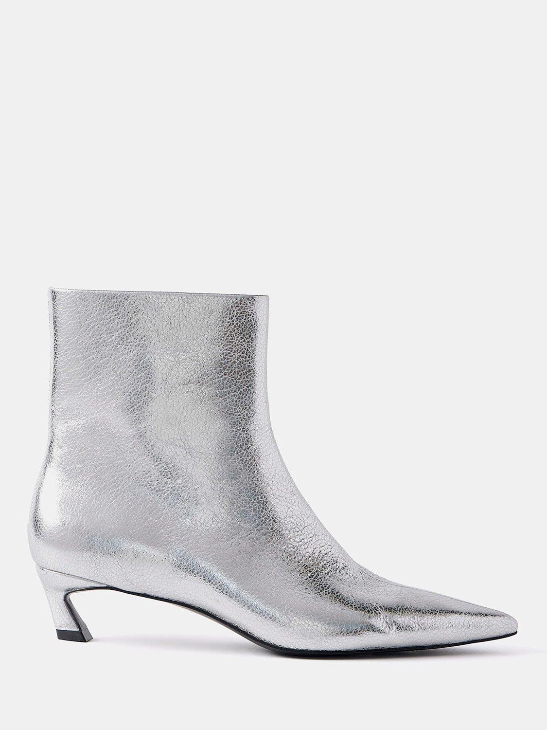 Mint Velvet Leather Pointed Ankle Boots Silver