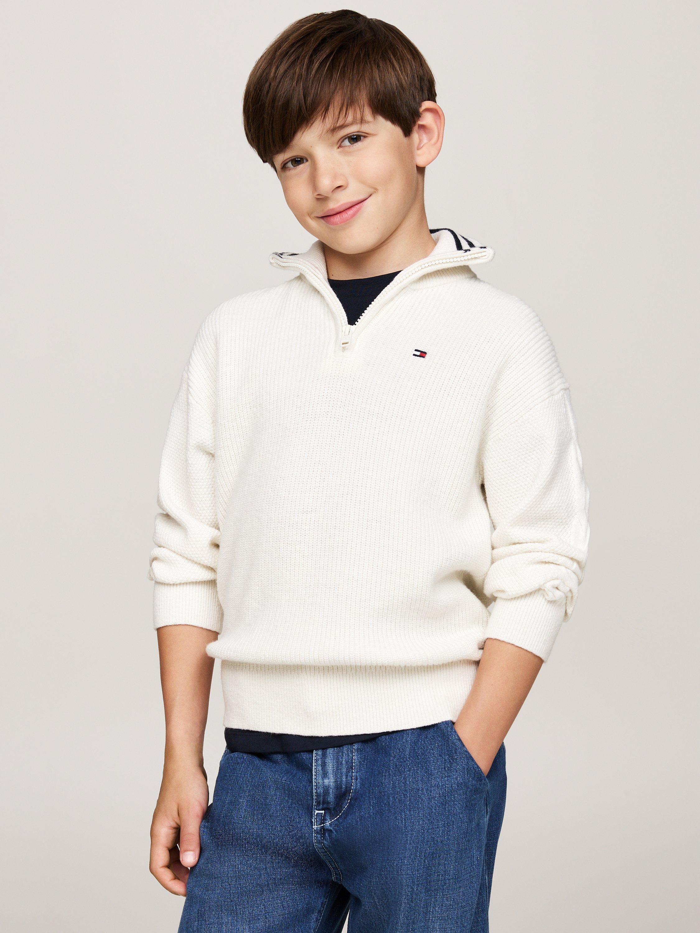 Tommy Hilfiger Kids' Half Zip Jumper, Ivory Petal
