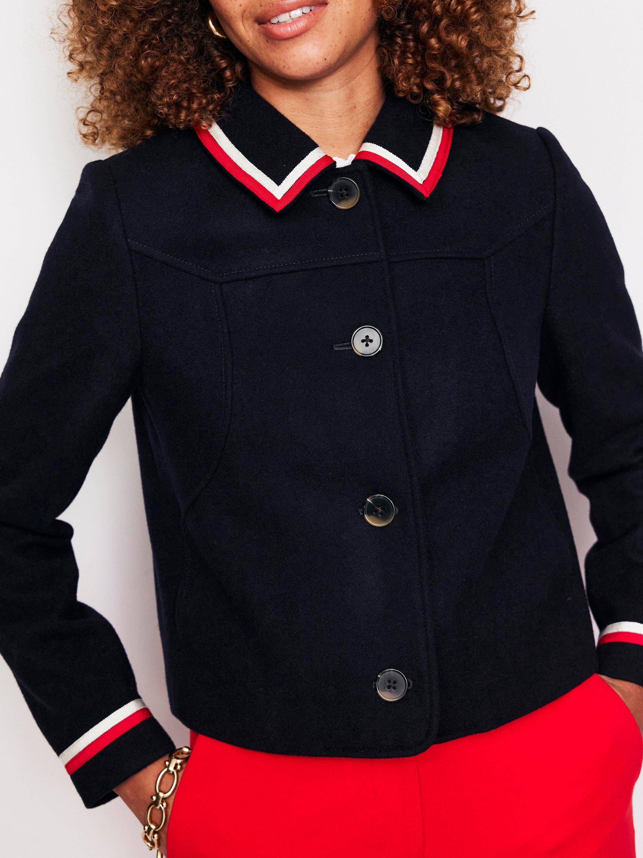 Product image 2 of 6, which shows Boden Oxford Melton Contrast Stripe Wool Blend Jacket, Navy, 10