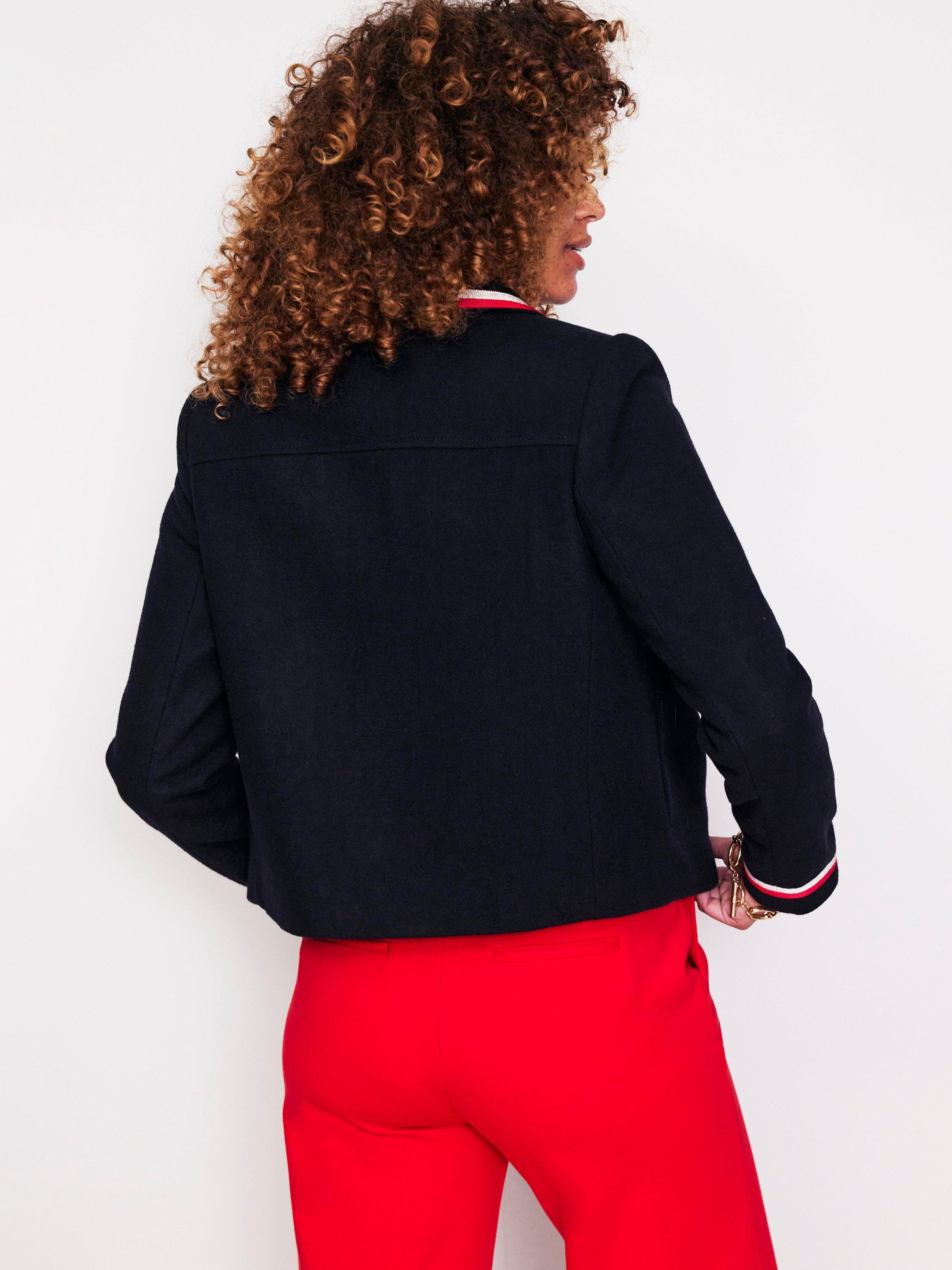 Product image 3 of 6, which shows Boden Oxford Melton Contrast Stripe Wool Blend Jacket, Navy, 10